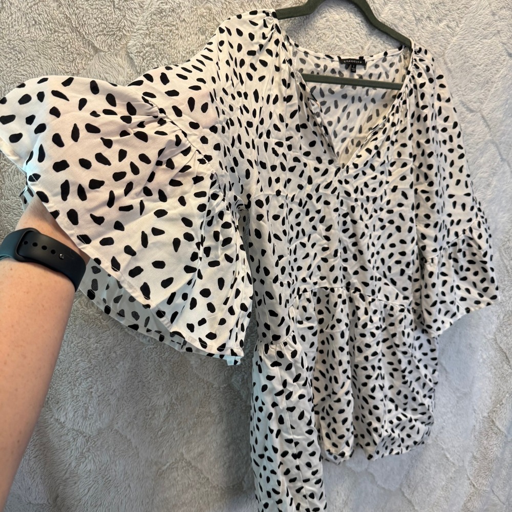 Staccato Dalmatian Spot Print Babydoll Top S Tie Neck Ruffle Bell Sleeve Boho